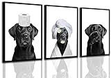 MALEDO 3Pcs Black Labrador Dog Bathroom Canvas Wall Art Cute Animal Black and White Picture Painting Wall Decor Funny Toilet Paper Poster Print Artwork for Restroom Washroom Toilet Home Decor,Unframed