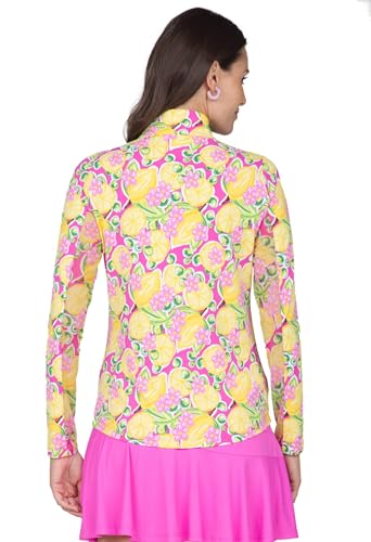 IBKUL Athleisure Wear Sun Protective UPF 50+ Icefil Cooling Tech Calista Print Long Sleeve Mock Neck Top – 10652 Hot Pink Multi Calista XL3
