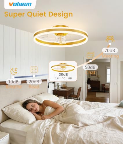 Image of VOLISUN Low Profile Ceiling Fans with Lights and Remote, 20in Flush Mount Ceiling Fans with Light, 3000K-6500K Dimmable Fandelier LED Fan Light, Gold Bladeless Ceiling Fans with Lights for Bedroom