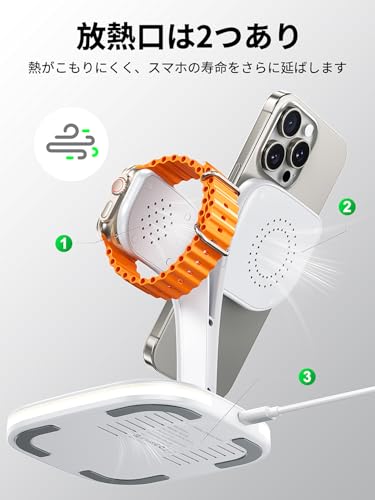toocki ワイヤレス充電器 3in1 折り畳み式 Magsafe充電器 15W/10W/7.5W PD急速充電 置くだけ充電 マグネット式 apple watch/アップルウォッチに対応 iPhone 17/iPhone 16/15/14/Watch/Airpodsなどの機種に対応 【PSE認証済みの20Wアダプター付き】 (ホワイト)