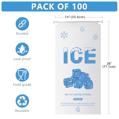 Image of 100 PACK 20 lb. Plastic Ice Bags with Cotton Draw String 14 x 28 Inch Heavy-Duty Plastic Ice Storage Bags with Draw String (2.8mil Thickness, Ice Cube pattern)