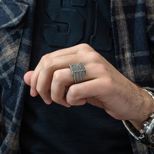 925 Sterling Silver Modern Geometric Men’s Ring – Layered Textured Square Statement Band – Handmade Architectural Style Silver Jewelry Gift4