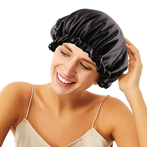 Image of Stain Bonnet Silk Sleep Cap Adjustable Satin Cap for Night Sleeping Hair Bonnet Reversible Double Layer