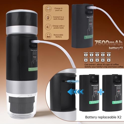 Image of Portable Electric Espresso Machine with Removeable Battery, Mini Travel Coffee Maker, 3-in-1 Car Coffee Maker Self-Heating with USB-C for RV Hiking Office Camping (Ground Coffee & Capsule Compatible)