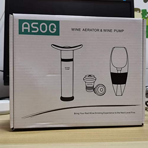 ASOG - Tapones de vacío para bomba de vino y aireador de vino, 1 bomba de vacío + 4 tapones de vacío + 1 aireador de vino, accesorios de vino regalo para los amantes del vino, Pump + Aerator
