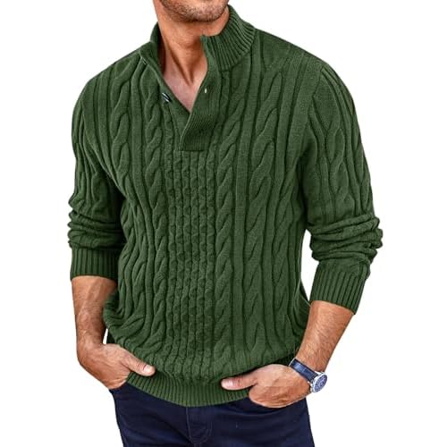 Runcati Mens Cable Knit Pullover Sweater Casual Stand Collar Chunky Buttons Fall Winter Sweaters