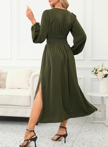 Dokotoo Womens Wrap V-Neck Empire Waist Dress Lantern Sleeve Ruched Side Slit Elegant Maxi Dress2