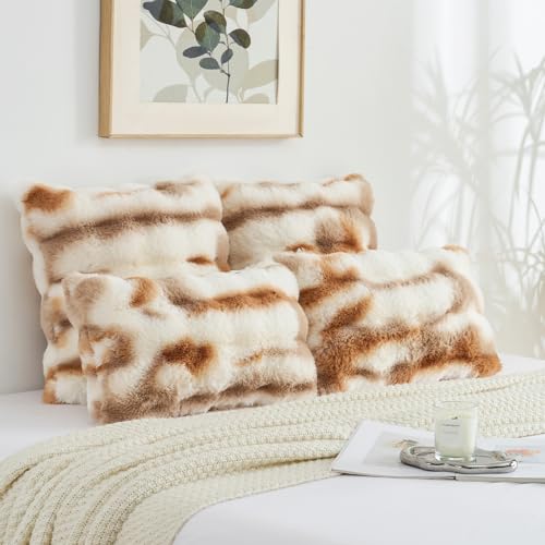 FUTEI Brown White Decorative Throw Pillow Covers 12x20 Inch Set of 2,Soft Fuzzy Faux Rabbit Fur Pillow Case with Raised Texture,Neutral Boho Home Decor for Couch Bed Living Room