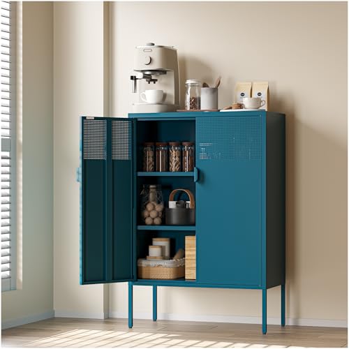 COFaR Peacock Blue Metal Cabinet 47H Modern Sideboard with Adjustable Shelves Stylish Coffee Bar & Buffet Storage for Dining Room Kitchen Ventilated Metal Organizer with Magnetic Doors