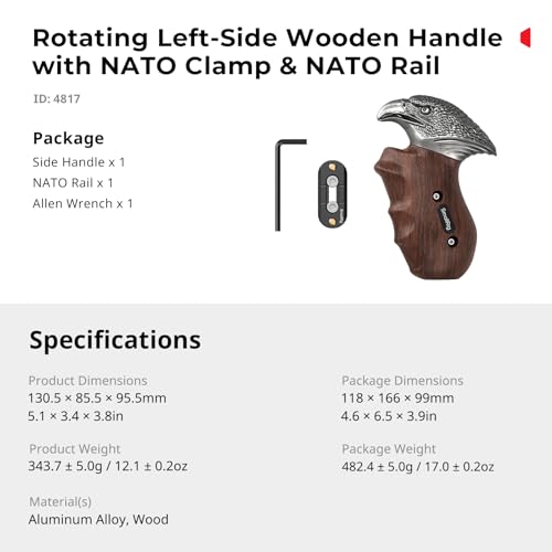 Image of SmallRig Rotating Left-Side Wooden Handle with NATO Clamp & NATO Rail, 360 Angle Adjustment, 15 kg /33 lb Load Capacity, Ergonomic Grip