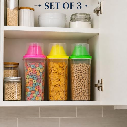 Image of Basicwise 1.9 Liters Set of 3 Small Airtight Food Storage Containers with Pouring Spout and Measuring Cup Lid for Flour Sugar Cereal Rice Pantry Staples & Baking Ingredients in Green Pink and Yellow