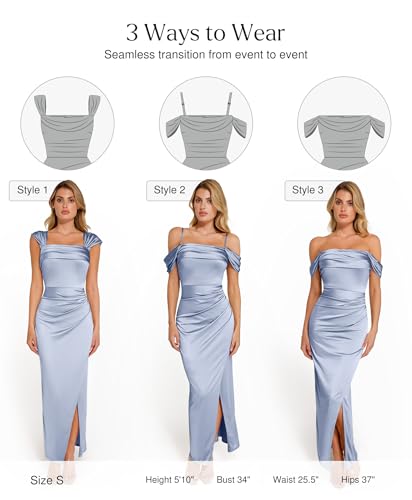 Image of Popilush Wedding Guest Dresses for Women Off Shoulder Shapewear Maxi | Multi-Way Wear, Built in Bra, Light Tummy Control, Ruched Satin Formal Cocktail Evening Bridesmaid Dress