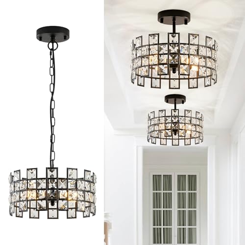 Black Crystal Chandelier 4-Light Modern Semi Flush Mount Chandelier Lighting D12'' Round Hanging Pendant Light for Kitchen Island Entryway Hallway Dining Room
