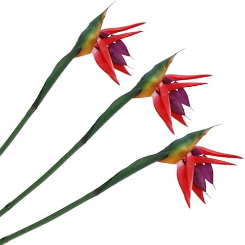 ucky 32.5 Inch Artificial Flowers Birds of Paradise 3Pcs, Summer Tropical Plant Fake Flowers, Red Flower Heads and Green Stems, for Home Table Kitchen and Cabinet Decoratio Cover