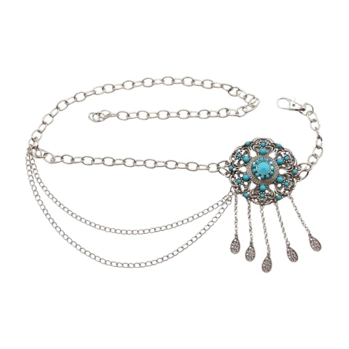 Women Fancy Fashion Dressy Belt Silver Metal Chain Turquoise Flower Charm Plus Size XL XXL z3054