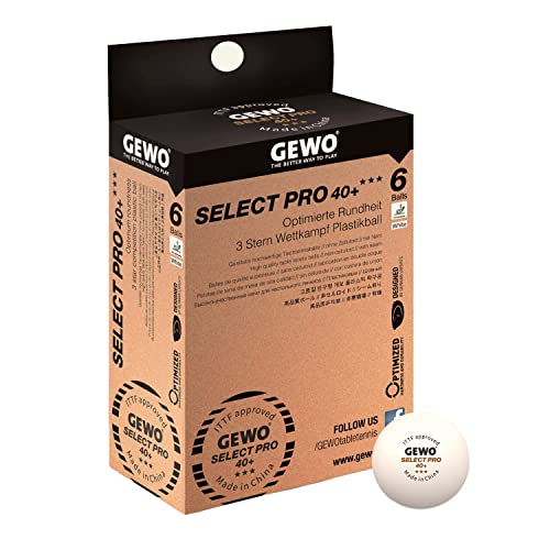 GEWO Tischtennisbälle Select PRO - 3 Sterne Tischtennis-Ball aus Plastik 40+ mit Naht - ITTF-zertifizierte Wettkampf Bälle - 6 hochwertige Profi-Tischtennisbälle weiß, 40+mm Durchmesser