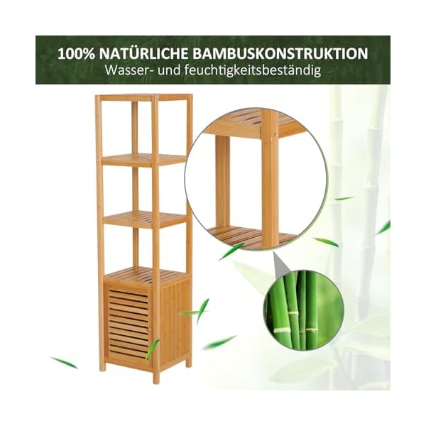 HOMCOM Badschrank Badezimmerschrank mit 3 offenen Fächern, Aufbewahrungsschrank aus Bambus, Toilettenschrank für Badezimmer, Natur, 36 x 33 x 140 cm – Bild 6