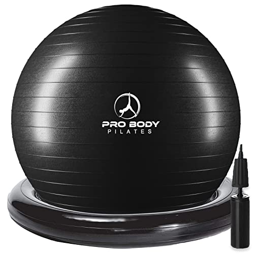 ProBody Pilates Ball Yoga Ball Chair, Exercise Ball Chair with Base or Stand for Home Office Desk Sitting or Workout, 65cm Antiburst Balance Ball & Stability Ball Seat for Back, abs (Black)