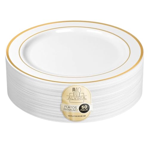 Listado de Platos blancos Top 5. 41 ALVIRIA- 50 Platos de Plástico Extendidos Elegantes 26 cm,Color Blanco con Borde Dorado,Resistentes y Duraderos, Perfectos para Bodas, Cumpleaños, Aperitivos, Postres,...