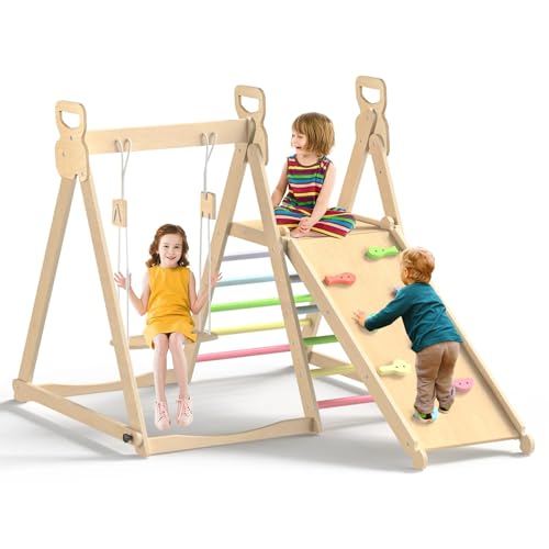 YSOAE 4 in 1 Indoor Climbing Gym Foldable Wooden Swing Set with Swing Stylish and Functional Climbing Set Easy to Put Together and Store