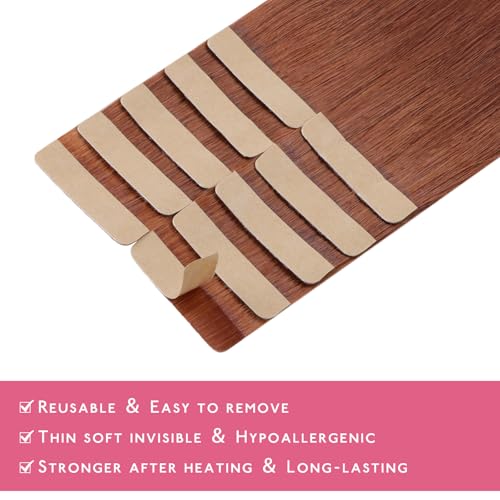 Image of WENNALIFE Tape in Hair Extensions Human Hair Cinnamon Copper Tape in Extensions, 10pcs 30g 26 inch Remy Invisible Tape Ins Straight Colored Soft Real Human Hair Tape in Extensions Refill Set Extens