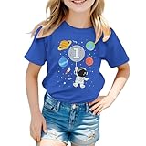 2026 Camiseta de manga corta casual de moda con estampado de letras para niñas, cómoda camiseta de cuello redondo, parte superior, ropa juvenil, azul, 8-9 años