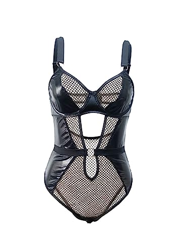 Sexy pyjama ensemble avec maille sexy et finitions PU pour lingerie de nuit