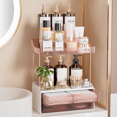 Delamu 2-tier makeup organizer with drawers, bathroom countertop storage
