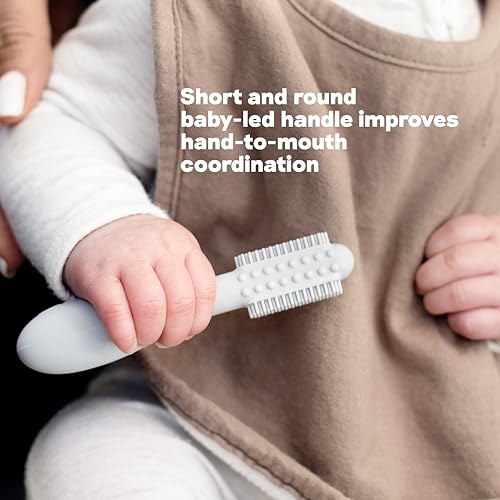 Image of ezpz Baby-Led Toothbrush (Pewter) - 3 Months + - 100% Silicone Infant Toothbrush with Sensory Bumps - Cleans Gums + New Teeth - Improves Hand-to-Mouth Coordination, Self-Feeding Skills