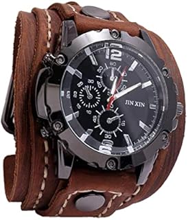 F Fityle Männer Leder Uhren, Retro Punk Armbanduhr breites PU-Lederband, Classic Herrenuhr, Armbanduhr Herren, Herren Analog Quarzuhr Sport Casual Business Armbanduhr für Geburtstagsgeschenk - Brown