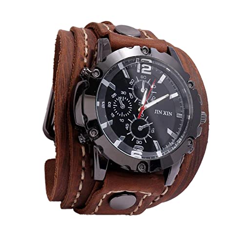 F Fityle Männer Leder Armbanduhr, Retro Punk Breites PU-Lederband, Classic Herrenuhr, Analog Quarzuhr Sport Casual Business für Geburtstagsgeschenk - Brown