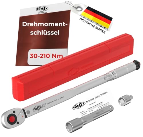 FAMEX 10886 Drehmomentschlüssel Set 1/2" (12,5mm) 3-tlg. - Einstellbar von 30 bis 210 Nm - Vierkant, Verlängerung und Adapter