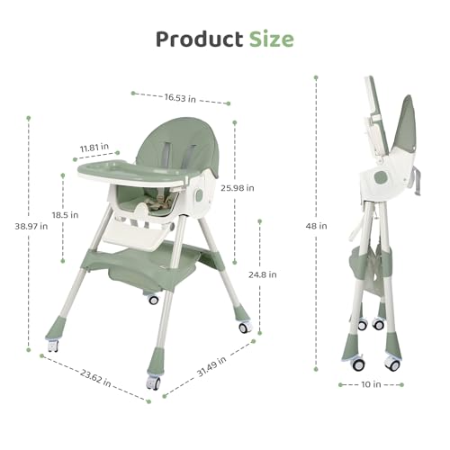 Image of 6 in 1 High Chair for Babies and Toddlers Portable Folding Baby Feeding Chair with Wheels and Footrest,Adjustable Height and Backrest Multi-Functional Highchair for Home and Travel