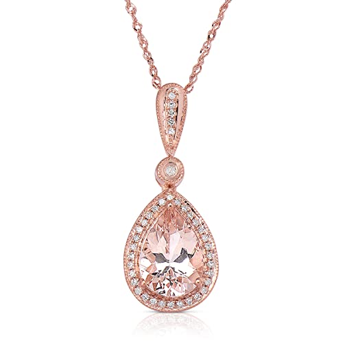 14K Rose Gold Genuine Morganite 1-5/8Ct Pear Shape with Diamond Drop Pendant Necklace