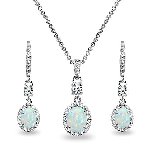 B. Brilliant Sterling Silver Synthetic White Opal & Cz Oval-Cut Halo Pendant Necklace & Dangle Earrings Set For Women Teens #TOP12