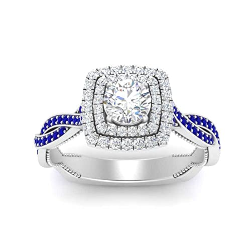 Image of Choose Your Gemstone Double Halo Twisted Shank Engagement Ring 925 Sterling Silver Round Shape Double Halo Engagement Ring Lightweight Office Wear Everyday Gift Jewelry US Size 4 to 12