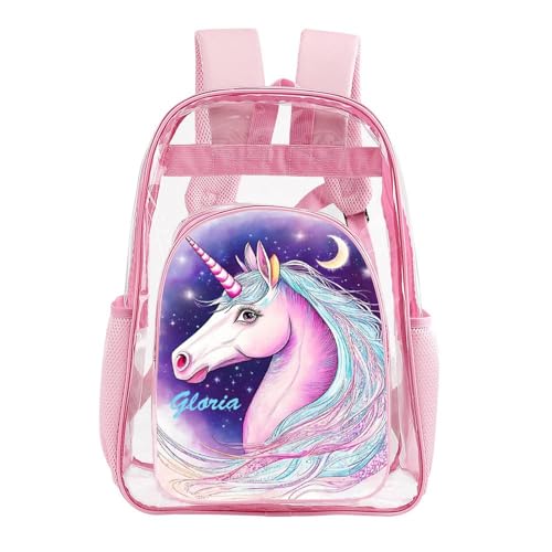 Personalized Unicorn Moon Stars Pink School Clear Backpack for Girls Kids Cute Bookbags Travel PVC Transparent Bags