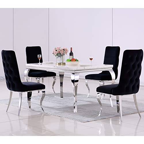 Azhome Dining Chairs, Black Velvet Upholstered Dining Room Chairs In Buttons Tufted Backrest, High Back Heavy Duty Dining Chair With Silver Mirrored Stainless Steel Legs, Set Of 6 #TOP6