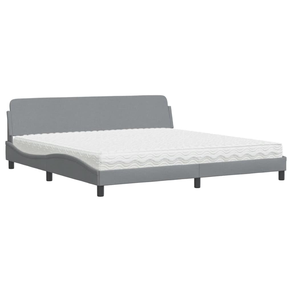 Dover Upholstered Platform Bed with Mattress, Light Gray Fabric 200 x 200 cm, nowoczesny design Wave Durable Metal & Solid Sosna Wood Frame, H2/H3 Foam Mattress Supportive Headboard