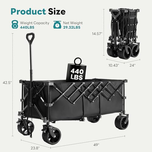 Image of DUMOS 49''L Collapsible Extended Wagon with 440LBS Capacity, Heavy Duty Wagons Garden Cart with All-Terrain Big Wheels & Drink Holders, 250L Foldable Carts for Sports, Shopping, Camping, Black