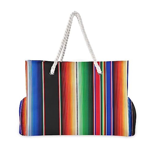 YETTASBIN Mexican Serape Blanket Stripe Large Beach Tote Bag, Lightweight Waterproof Sandproof Swim Pool Bag with Rope Handles & Zipper for Beach Travel Outdoor2