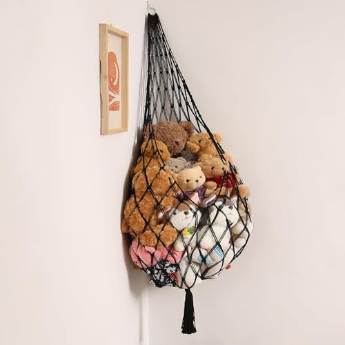 Image of Novel Amdermi Stuffed Animal Hammock Corner Hanging Net for Stuff Aniaml Storage Macrame Toy Display Plush Toy Holder-Perfect for The Tiny Space Walls (Black, XXL)
