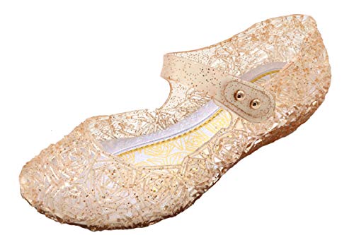 YouKD Zapatos de Cosplay de Princesa para Niña Zapatos de Vestir Sandalias de Cristal Zapatos de Gelatina para Halloween Carnaval Fiesta de Cumpleaños Velcro Dorado EU27 Cover