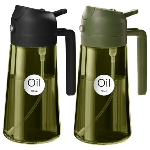 YARRAMATE 2Pcs 16oz/470ml Dark Green Oil Sprayer for Cooking with Stickers, Food-grade Premium 2 in 1 Olive Oil Dispenser Bottle for Kitchen Gadgets, Air Fryer, Salad, Frying, BBQ (Black&OliveGreen)