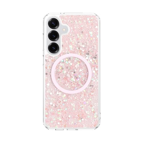 Coque Samsung S24 paillettes roses Andromeda compatible charge magnétique sans fil protectrice
