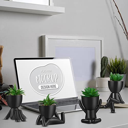 4 Pcs Cute Artificial Succulent Plants Mini Fake Succulent Ceramic Succulent Planters With Creative Human Shaped Cactus Pots Decorative Pots Mini Potted Succulents Decoration For Home Office (Black) #TOP3
