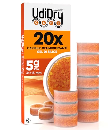 20 Capsule Essiccanti per Apparecchi Acustici UdiDry Caps 5g 31mm Assorbi Umidità con Indicatore di Colore - Capsule Deumidificanti con Gel di Silice di Alta Qualità Anti Umidità per Asciugatura