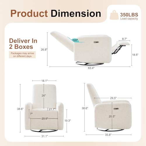 Image of Nursery Rocking Chairs, 270 Oversized Power Swivel Glider Rocker Recliner w /USB & Type-C Charging Port, Rotating Rocking Reclining Nursing Chair for Breastfeeding, Living Room,Bedroom,White