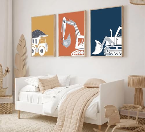 Wavkkey 3 Pcs Construction Truck Nursery Wall Art Excavator Dump Truck Tractor Poster Painting Picture Wall Decor Canvas Print Artwork Kids Room Boys Room Baby Room Home Decoration Unframed — view 5