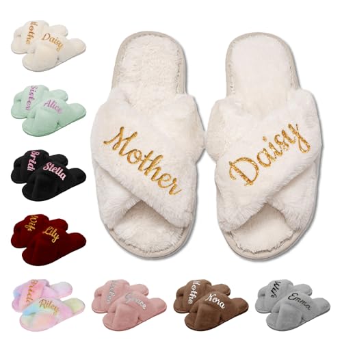 Personalized Bride Slippers – Custom Furry Slippers with Name for Women, Fluffy Bridal Gift for Bridesmaids, Wedding Party, Easter or Mother's Day